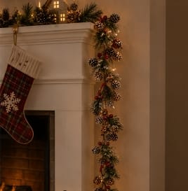 Premier Garlands Xmas Premier Natural Frosted Cone and Berry Garland – 1.2m