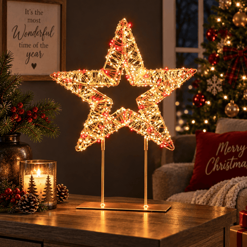 Premier Christmas Lit Tabletop Decoration Premier Twinkling Gold 500 LED Tabletop Star Decoration – 45cm