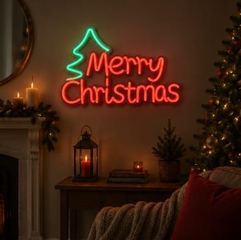 Premier LED Neon Signs Premier USB Lit Merry Christmas With Tree Neon Hanging Sign – 43cm