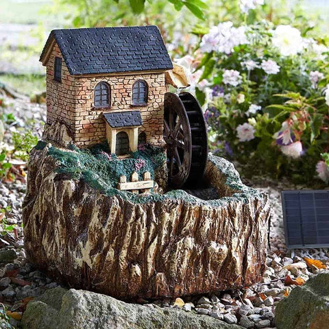 Smart Garden Water Mill Fountain — solar-powered water feature with rotating wheel