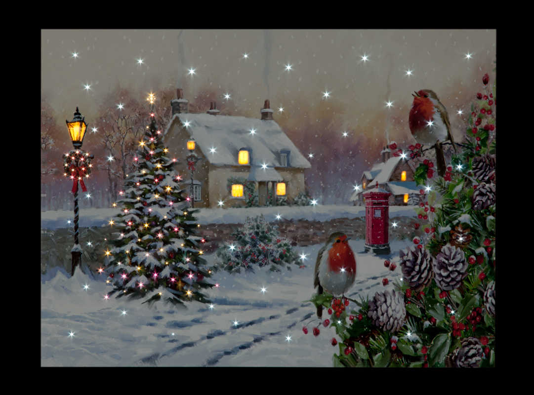 Snowtime LED Canvas & Pictures Snowtime Christmas B/O 40 x 30cm LED Wall Art Robins on Hedge Canvas