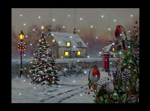 Snowtime LED Canvas & Pictures Snowtime Christmas B/O 40 x 30cm LED Wall Art Robins on Hedge Canvas