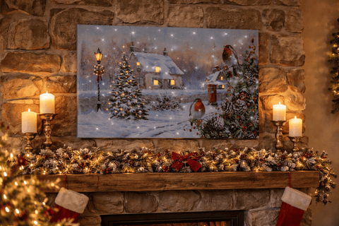 Snowtime LED Canvas & Pictures Snowtime Christmas B/O 40 x 30cm LED Wall Art Robins on Hedge Canvas