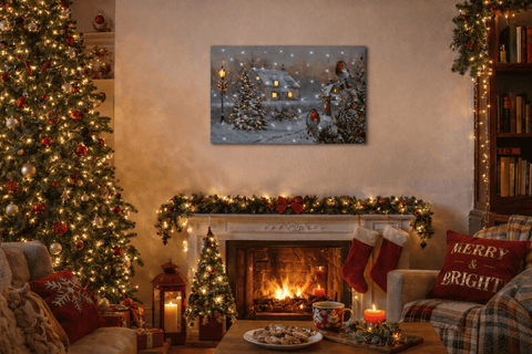 Snowtime LED Canvas & Pictures Snowtime Christmas B/O 40 x 30cm LED Wall Art Robins on Hedge Canvas