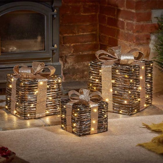 Three Kings LED Gift Boxes Three Kings BlackGold Braid Faux Gift Boxes - Set of 3