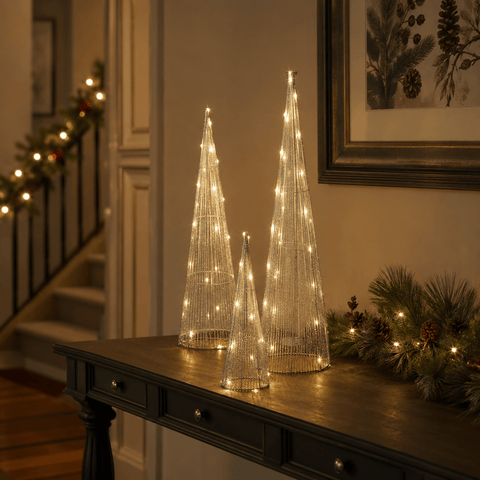 Three Kings LED Mesh Trees Three Kings Christmas Silver Mesh Tree LED Decorations – 3pc