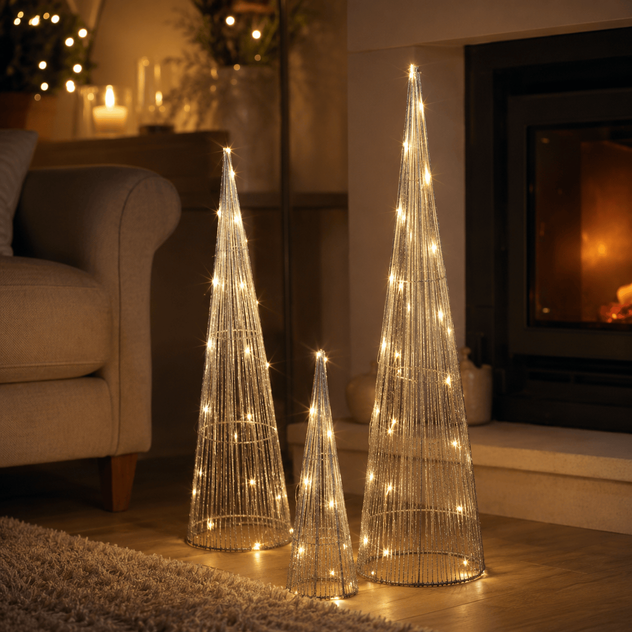 Three Kings LED Mesh Trees Three Kings Christmas Silver Mesh Tree LED Decorations – 3pc