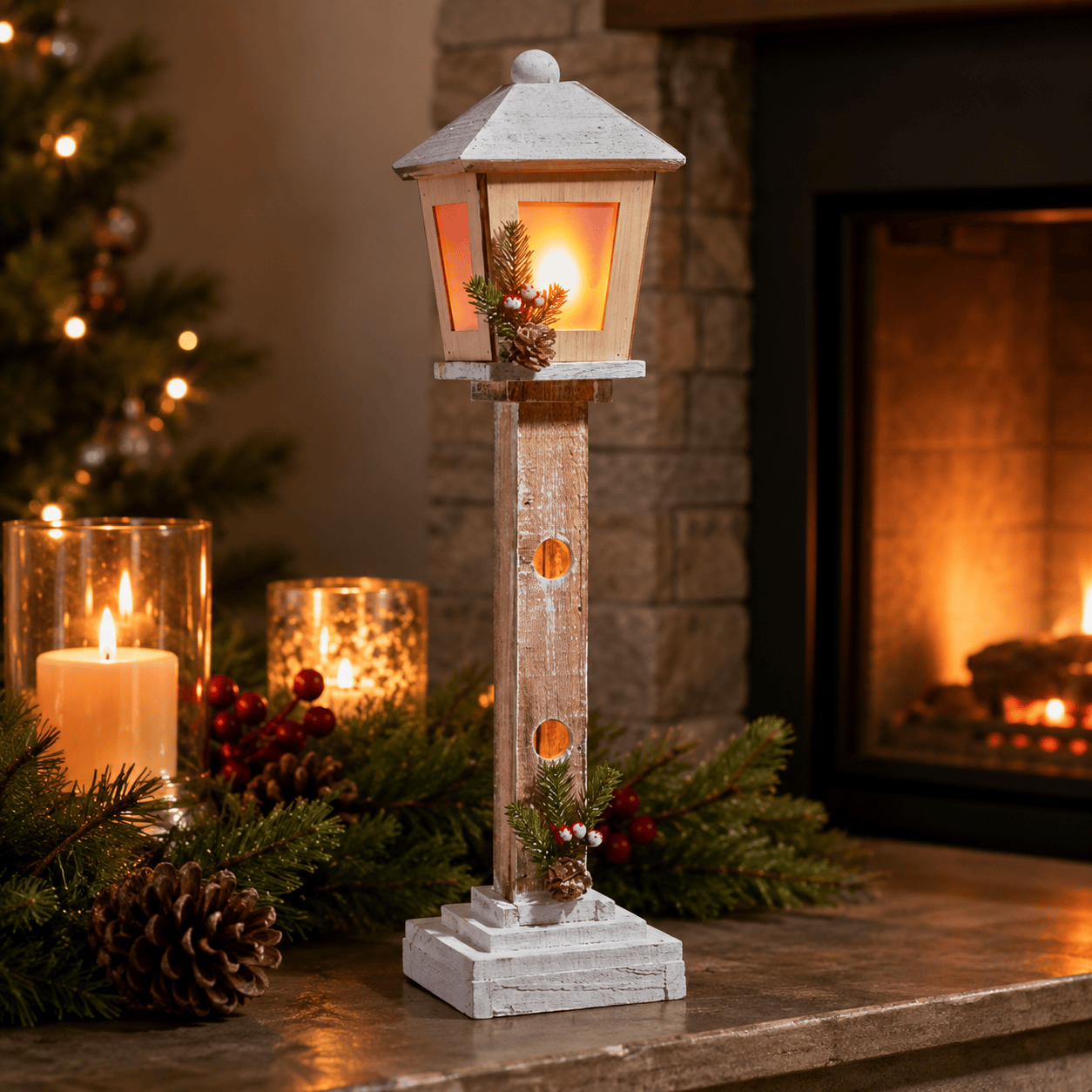 Three Kings christmas wooden lit decoration Three Kings DecorWood CoolFlame Lamp Post Christmas Decoration