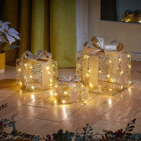 Three Kings LED Gift Boxes Three Kings Gold Weave Faux Gift Boxes - Set of 3