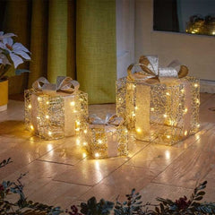 Three Kings LED Gift Boxes Three Kings Gold Weave Faux Gift Boxes - Set of 3