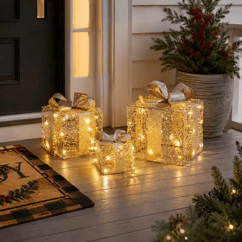 Three Kings LED Gift Boxes Three Kings Gold Weave Faux Gift Boxes - Set of 3