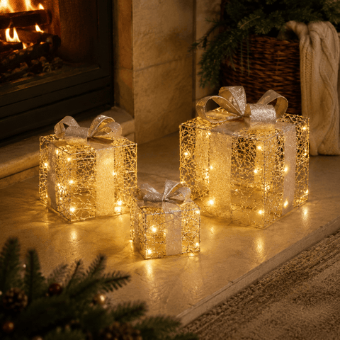 Three Kings LED Gift Boxes Three Kings Gold Weave Faux Gift Boxes - Set of 3