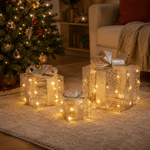 Three Kings LED Gift Boxes Three Kings Gold Weave Faux Gift Boxes - Set of 3
