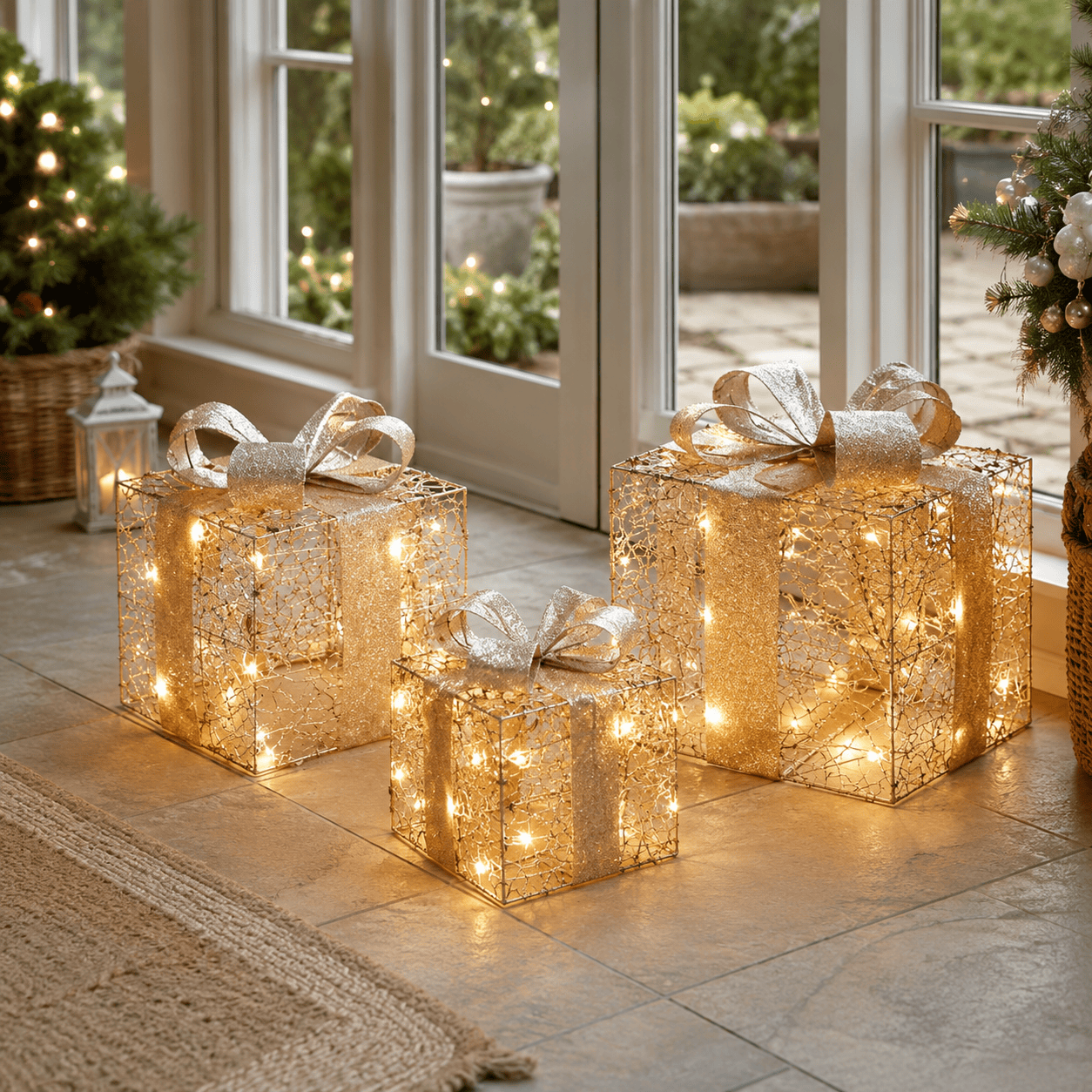 Three Kings LED Gift Boxes Three Kings Gold Weave Faux Gift Boxes - Set of 3