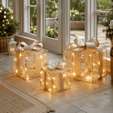 Three Kings LED Gift Boxes Three Kings Gold Weave Faux Gift Boxes - Set of 3