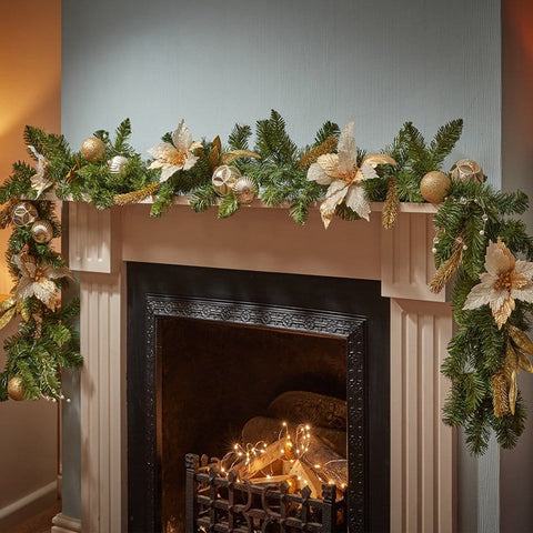 Three Kings Garlands Xmas Three Kings Golden Poinsettia Christmas Garland - 180cm