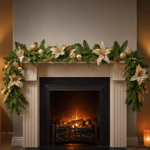 Three Kings Garlands Xmas Three Kings Golden Poinsettia Christmas Garland - 180cm
