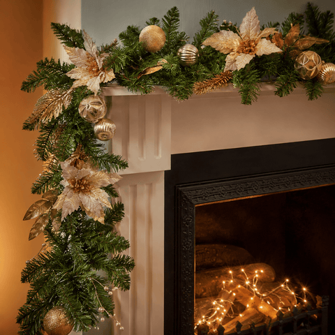 Three Kings Garlands Xmas Three Kings Golden Poinsettia Christmas Garland - 180cm