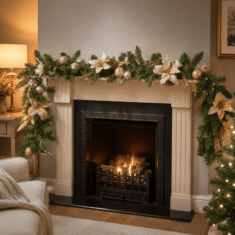 Three Kings Garlands Xmas Three Kings Golden Poinsettia Christmas Garland - 180cm