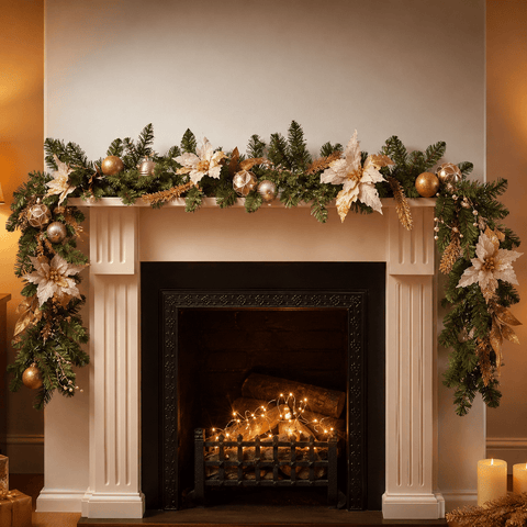 Three Kings Garlands Xmas Three Kings Golden Poinsettia Christmas Garland - 180cm