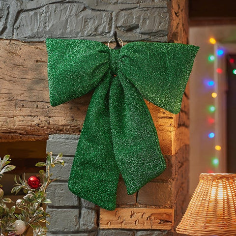 Three Kings Hanging Decor Three Kings Green Glitter Padded Christmas Bow – 13cm