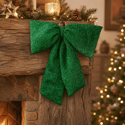 Three Kings Hanging Decor Three Kings Green Glitter Padded Christmas Bow – 13cm