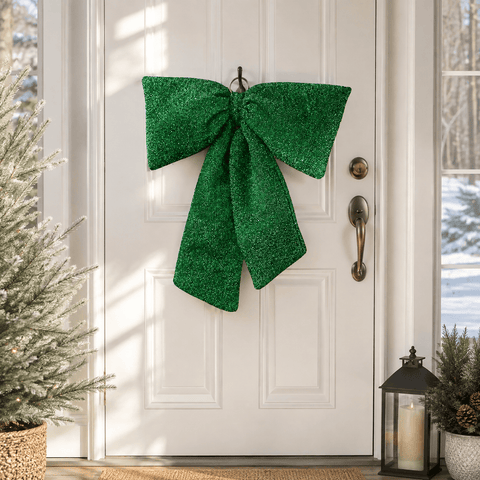 Three Kings Hanging Decor Three Kings Green Glitter Padded Christmas Bow – 13cm
