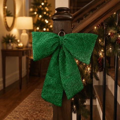 Three Kings Hanging Decor Three Kings Green Glitter Padded Christmas Bow – 13cm