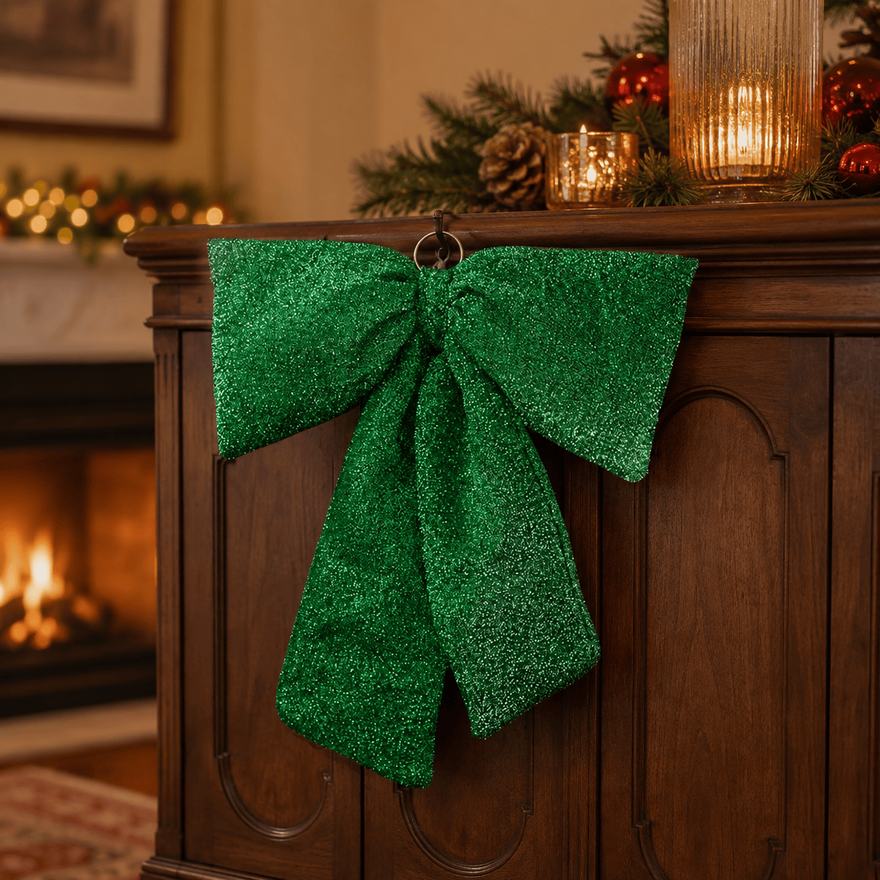 Three Kings Hanging Decor Three Kings Green Glitter Padded Christmas Bow – 22cm