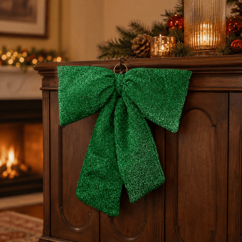 Three Kings Hanging Decor Three Kings Green Glitter Padded Christmas Bow – 22cm
