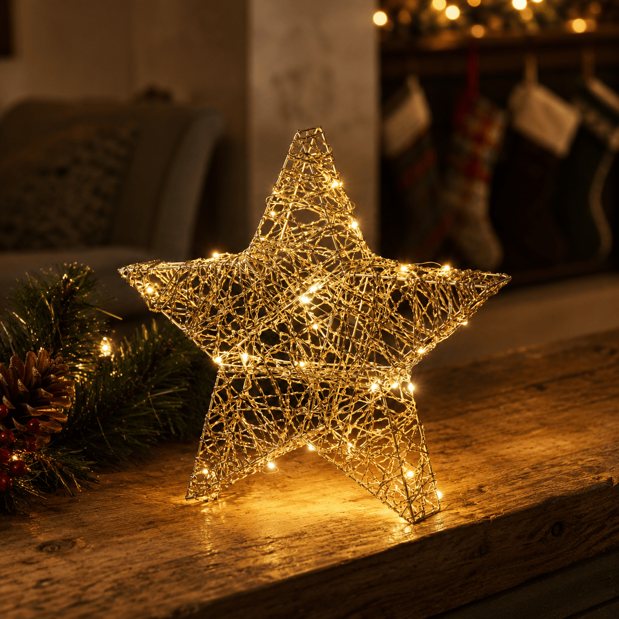 Three Kings LED Stars Three Kings Lit WonderStarlet Gold Weave 20cm