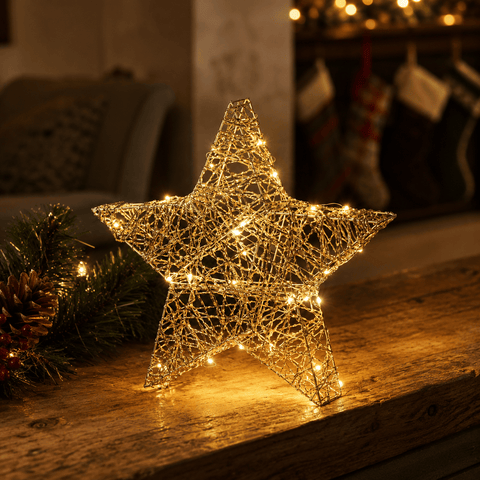 Three Kings LED Stars Three Kings Lit WonderStarlet Gold Weave 20cm