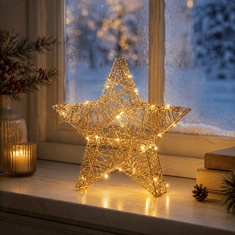 Three Kings LED Stars Three Kings Lit WonderStarlet Gold Weave 20cm