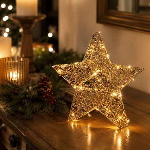 Three Kings LED Stars Three Kings Lit WonderStarlet Gold Weave 20cm