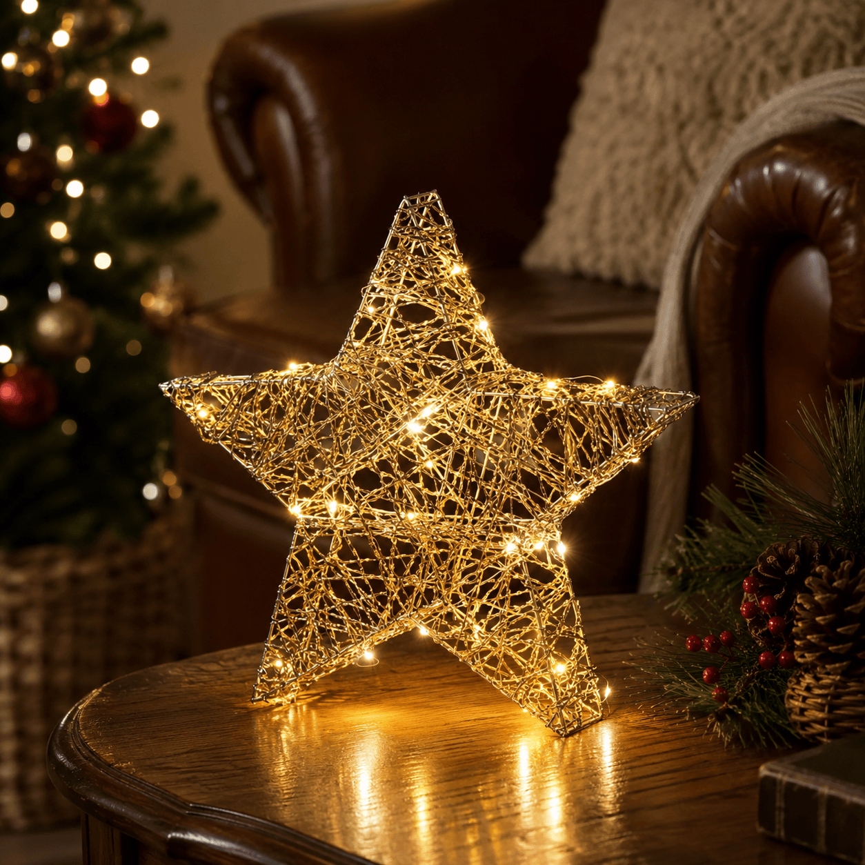 Three Kings LED Stars Three Kings Lit WonderStarlet Gold Weave 20cm