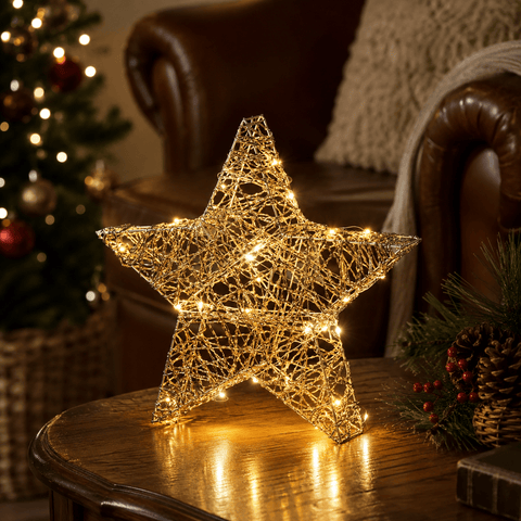 Three Kings LED Stars Three Kings Lit WonderStarlet Gold Weave 20cm