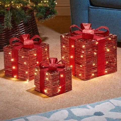 Three Kings LED Gift Boxes Three Kings RedGold Braid Faux Gift Boxes - Set of 3