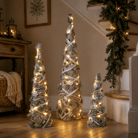 Three Kings LED Rattan Trees Three Kings Snow Tree LED Lit Rattan – Set of 3