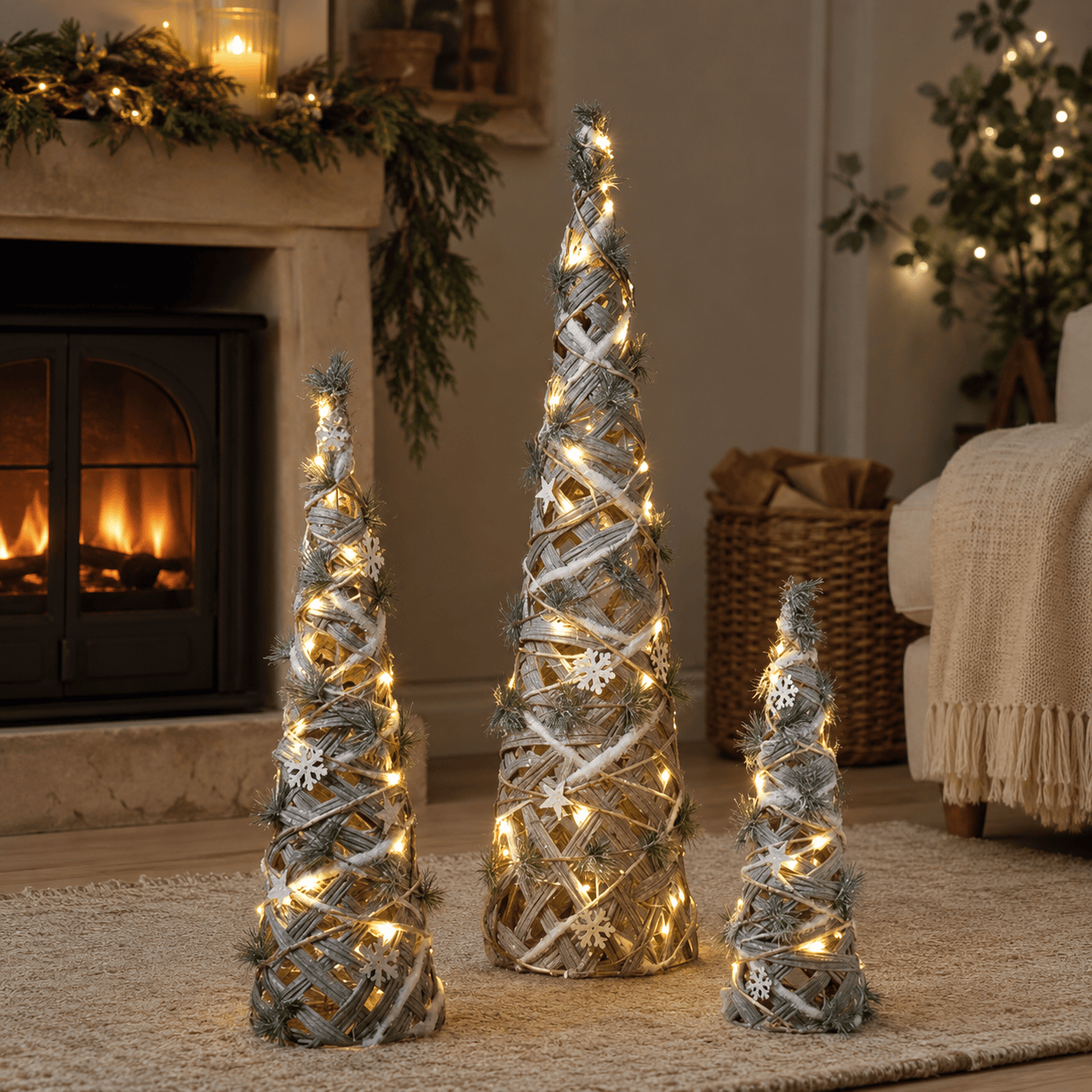 Three Kings LED Rattan Trees Three Kings Snow Tree LED Lit Rattan – Set of 3