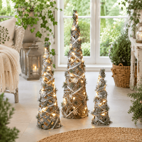 Three Kings LED Rattan Trees Three Kings Snow Tree LED Lit Rattan – Set of 3