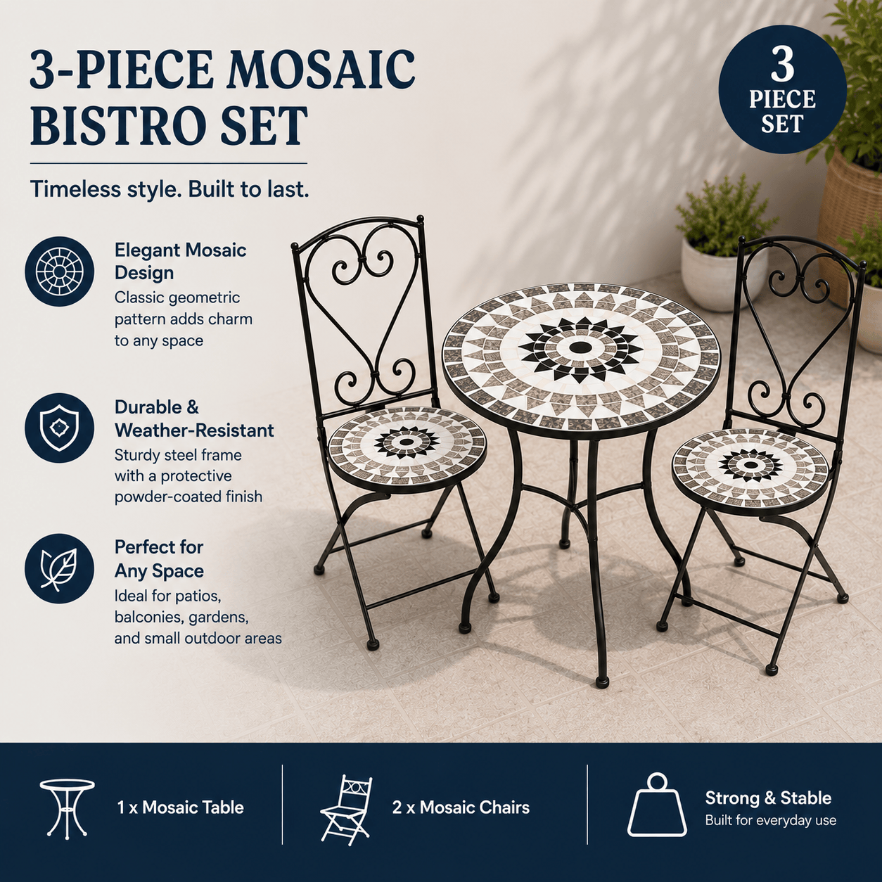 Shatchi Garden Furniture Set Trowell Garden Living Mosaic Bistro Set - Medina