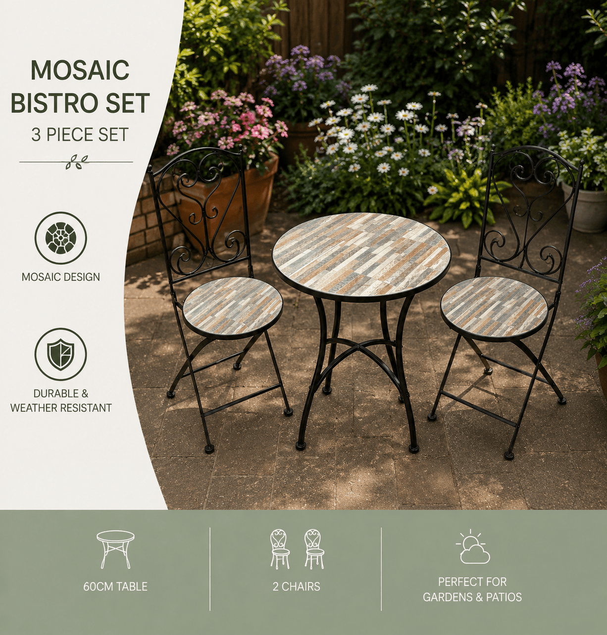 Shatchi Garden Furniture Set Trowell Garden Living Mosaic Bistro Set - Oasis
