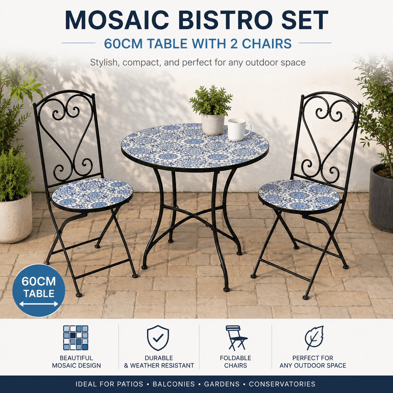 Shatchi Garden Furniture Set Trowell Garden Living Mosaic Bistro Set - Porto