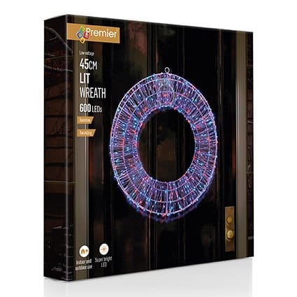 Premier Christmas Lit Wreath Twinkling Rainbow 600 LED White Wreath – 45cm
