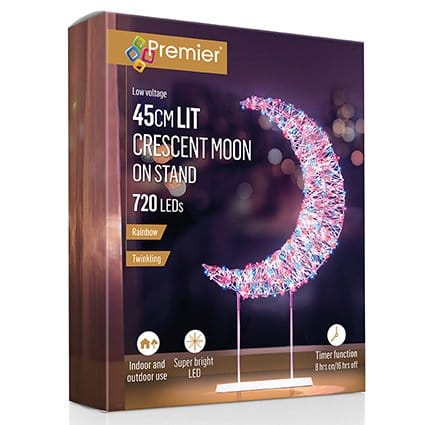 Premier Christmas Lit Tabletop Decoration Twinkling Rainbow 720 LED White Crescent Moon Tabletop Decoration – 45cm