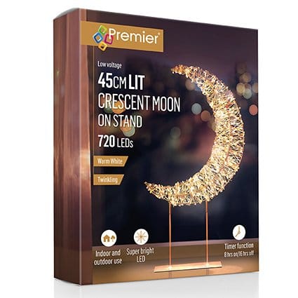 Premier Christmas Lit Tabletop Decoration Twinkling Warm White 720 LED Rose Gold Crescent Moon Tabletop Decoration – 45cm