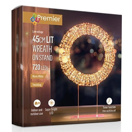 Premier Christmas Lit Tabletop Decoration Twinkling Warm White 720 LED Rose Gold Tabletop Wreath – 45cm
