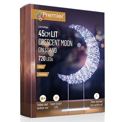 Premier Christmas Lit Tabletop Decoration Twinkling White 720 LED Silver Crescent Moon Tabletop Decoration – 45cm