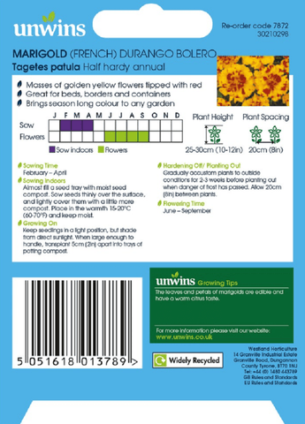 Unwins Seeds Unwins French Marigold Durango Bolero Seeds
