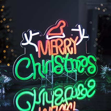 Premier Christmas Lit Neon Signs USB Lit 'Merry Christmas' with Santa Hat Neon Hanging Sign – 40cm